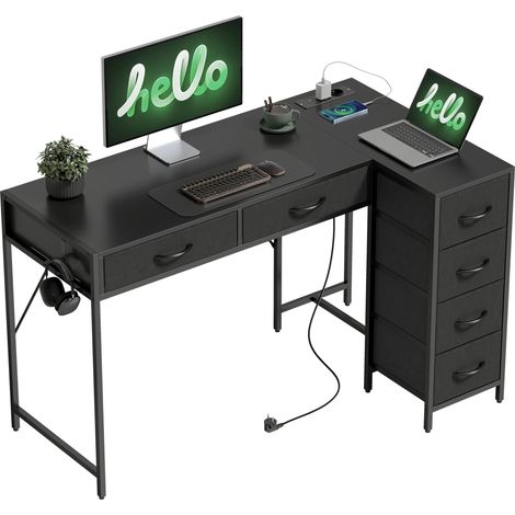 Bureau avec tiroirs, en acier, en bois, noir, 126 x 48 x 80 cm, avec crochets, pour bureau chambre, espace de travail