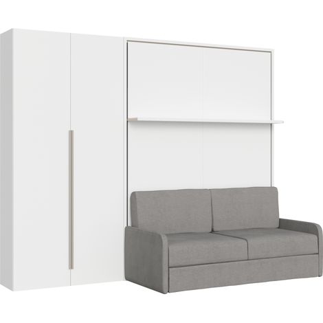 Versia Sofà 160 lit double escamotable vertical avec canapé, étagère et armoire gauche avec 2 portes Blanc