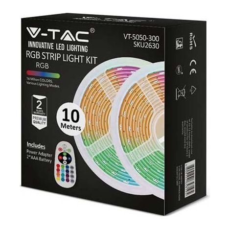 V-TAC VT-5050-300 LED-Streifen-Set 300LEDs RGB SMD5050 10M 4,8W/M 12V IP20 + IR-Fernbedienung LED + Netzteil - sku 2630 (1/4)