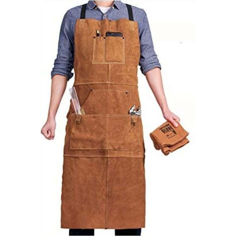 Lederschürze – Schweißerschürze aus Leder mit 6 Werkzeugtaschen, feuerhemmende und hitzebeständige Arbeitsschürze mit verstellbaren Kreuzriemen, perfekt für Schmiede und Mechaniker.