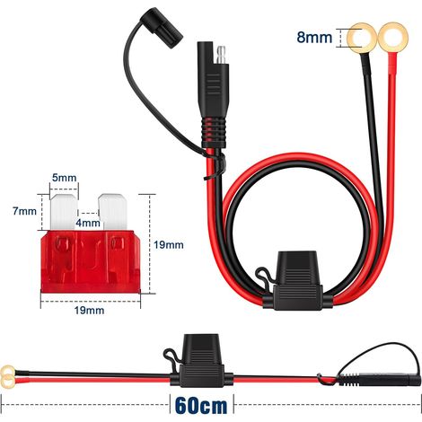 JatilEr Lot de 2 Câbles de Raccordement SAE 60 cm, 16 AWG, Cosse Annulaire, Fiche 12 V avec Capuchon Anti-poussière, Rallonge de Batterie avec Fusible 10 A pour Moto, Voiture, Tracteur