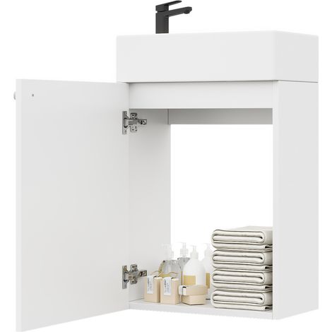 Meuble lave-mains suspendu 41 x 23 x 62,5 cm avec vasque en céramique, MDF laqué blanc, 1 porte Soft-Close, gain de place pour petite salle de bain  CHICFURN (1/5)