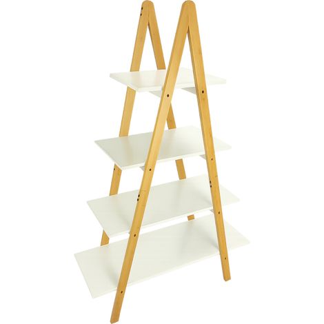 Estantería tipo escalera blanca con 4 baldas y patas de bambú, estantería moderna para salón o baño  80x30x116  BEGRYF