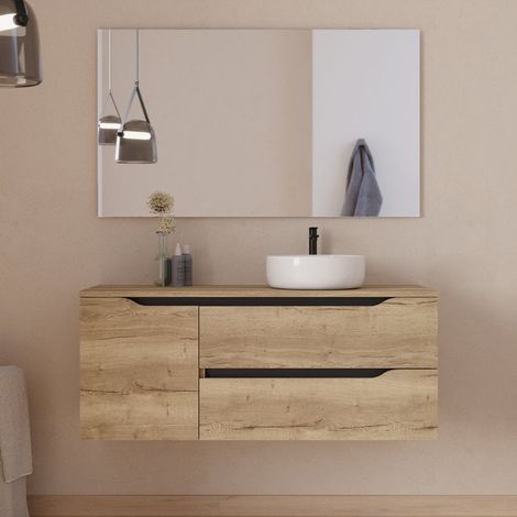 Meuble de salle de bain 120cm avec plateau, vasque à poser déportée à droite Ares et miroir - 2 tiroirs et un placard - madera miel (bois clair) - ZARZA