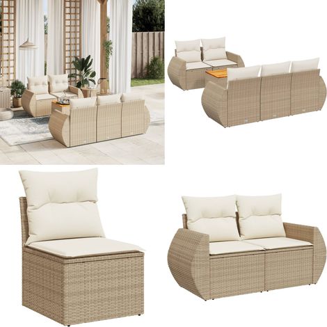 6-tlg. Garten-Sofagarnitur mit Kissen Beige Poly Rattan - Gartensortiment - Gartenmöbelset - Polyethylen Möbel - Outdoor Lounge Set - Rattan Gartenmöbel - Home & Living (1/5)