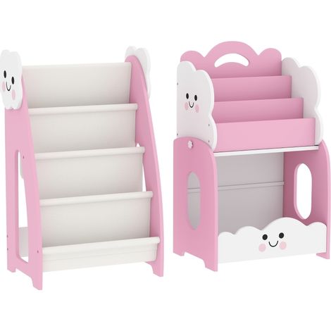 Libreria per bambini 3 in 1 rosa con contenitore giochi, 4 tasche e 3 livelli, anche comodino (1/5)