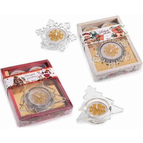 Confezioni regalo di Natale con portatealight in vetro a forma di albero natalizio e fiocco di neve, set da 12 pezzi, Portatealight: 8,5x9x2 H