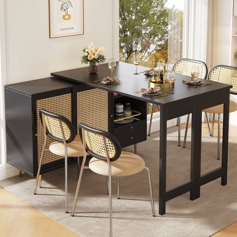 Table haute noire 107x40x71.4cm, rotative à 360° avec porte en rotin et rangements ouverts (1/5)