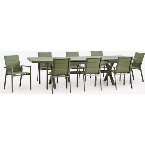 SKLUM Karena rechteckiges ausziehbares Tischset 240-300x100 cm und 8 stapelbare Gartenstühle mit Aluminiumarmlehnen Tiefes Grün Olive                                  