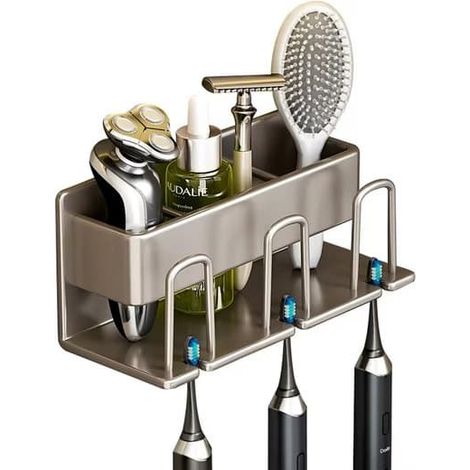 Porte-brosse à dents mural sans perçage, accessoire de salle de bain - 3 emplacements avec porte-gobelet (1/5)
