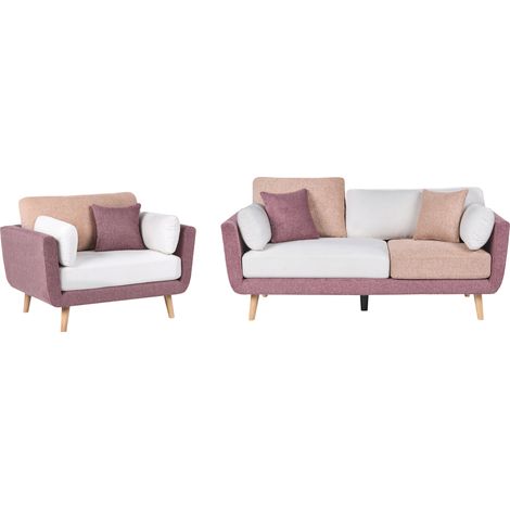 Conjunto de sala de estar sofá tapizado repelente al agua de 4 plazas con reposabrazos y sillón patas macizas cojines adicionales rosa Bolga
