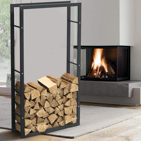 Porte-bois vertical support étagère rectangulaire en métal porte bois d'intérieur extérieur bois maison jardin pour cheminée poêle design moderne 150 x 25 x 80 cm (1/5)