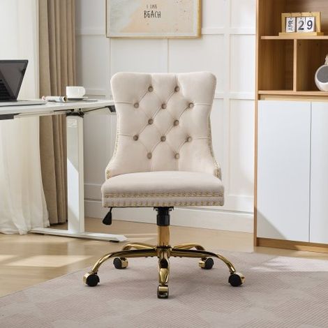 Chaise de bureau à domicile, chaise de bureau moderne rembourrée en velours capitonné avec base en métal doré, chaise de bureau pivotante réglable (beige)