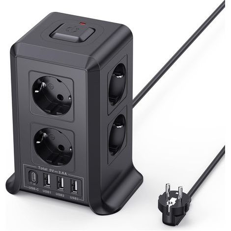 Steckdosenleiste mit Schalter, Steckdosenleiste mit 8 Steckdosen und 4 USB (3 USB-A und 1 USB-C max. 5 V/3,4 A, Überspannungs- und Überspannungsschutz, 2 m Kabel für Zuhause und Büro (1/5)