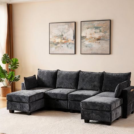 Canapé d'angle convertible 6 places en chenille gris ardoise (1/5)