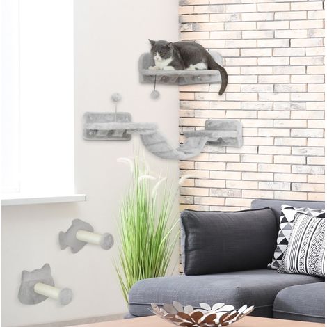 Arbre à chat mural en bois et peluche gris clair, set 4 pièces avec plateformes et échelle, pour griffer et grimper,90x26x12.5cm (1/5)