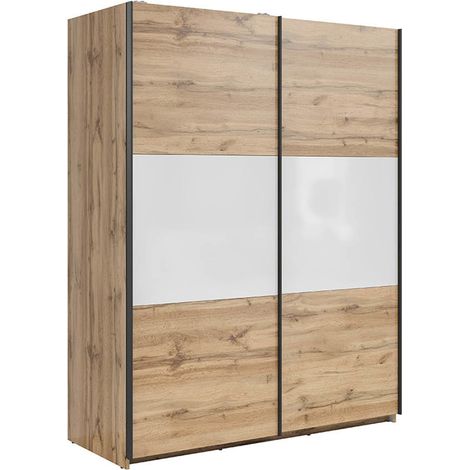 Armoire placard à 2 portes coulissantes coloris Chêne wotan/blanc - Longueur 153,5 x Profondeur 60 x Hauteur 195,5 cm (1/5)