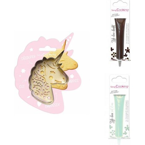 Kit pour biscuit en relief Licorne + 2 Stylos au chocolat marron et vert d'eau