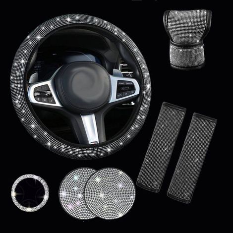 Kit Décoration Auto - Housses Volant Et Ceintures - Strass Diamant - Intérieur Scintillant - Blanc - 7 Pièces (1/5)
