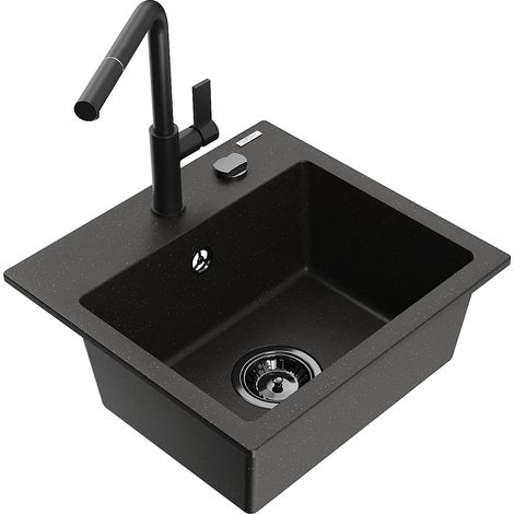 Mexen Milo 1-Becken-Granitspüle mit Mischbatterie Flora, Schwarz/Gold metallisch - 6505-75-670401-70 (1/5)