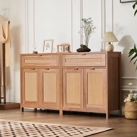 VEVOR Rattan Cabinet, Set of 2, Rattan Storage Cabinet with 4 Magnetic Doors and 2 Drawers, Sideboard Buffet Cabinet with Adjustable Shelves, for Hallway, Entryway, Living Room, or Kitchen, Natural
