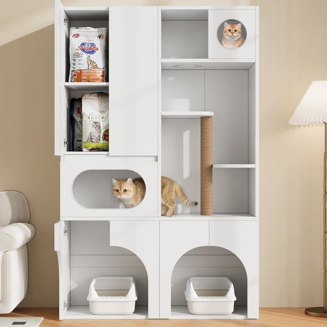 Meuble pour litière pour chats et chiens, avec griffoir et espace de repos, blanc, 140 x 45 x 195 cm (1/4)