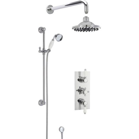 Traditional Concealed Triple Valve with Square Back Plate Shower Set with Slide Rail Kit, Arm & Head- Chrome - Balterley