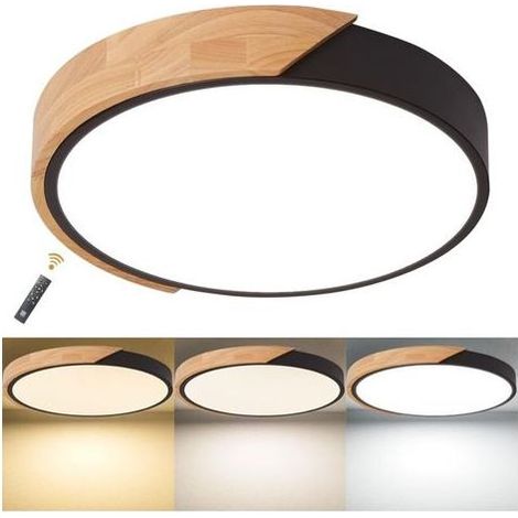 Plafonnier LED à intensité variable 24 W Ø 23 cm, lustre de chambre en bois avec télécommande, plafonnier moderne pour salon, cuisine, couloir, balcon, bureau, 3 000 K-6 000 K (1/5)