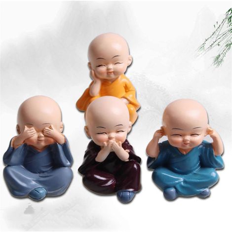 Lot de 4 sculptures de moines en résine, idéales pour décorer une voiture ou une table. Ces adorables petits moines et Bouddhas sont parfaits pour créer des objets décoratifs originaux. (1/5)