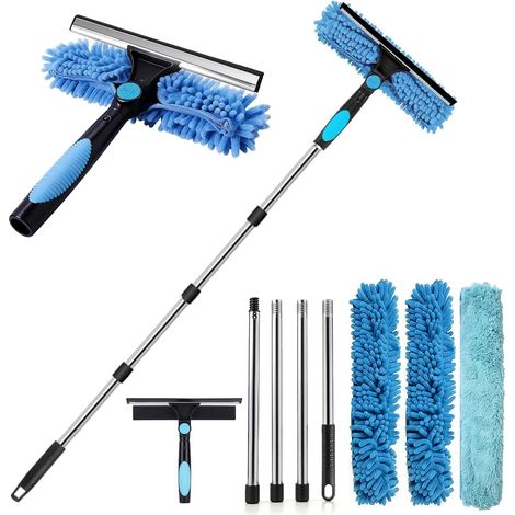 1 Kit Nettoyeur Vitres, Manche Télescopique 180 cm, Raclette Silicone, Microfibre, Pour Fenêtres Hautes (1/5)