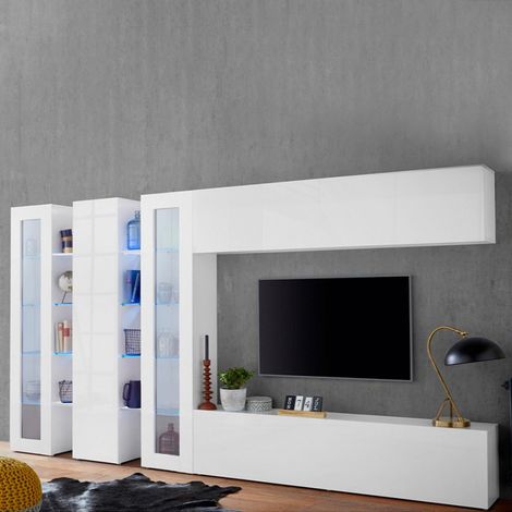 Parete Attrezzata Moderna per Soggiorno 340x30x180cm - ECHO - Colore: bianco laccato lucido (1/5)