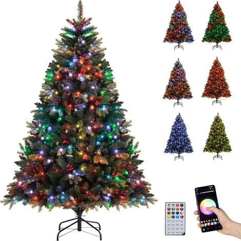 COSTWAY Sapin de Noël Pré-éclairé avec Télécommande, Arbre de Noël Artificiel avec Lumières RGB Multicolores, 11 Modes d'Éclairage, Branches à Charnières, pour Maison, Bureau (180 cm) (1/5)
