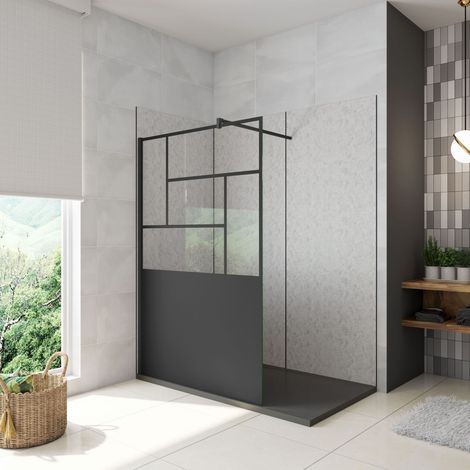 AICA Walkin Mampara Panel de ducha Pantalla Panel Fijo estilo industrial Cristal Antical 8mm con Barra 90cm Perfil Negro Mate,(1177-1200)x2000mm (1/4)