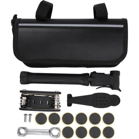 Kit de réparation vélo 16 en 1 : mini pompe, rustines sans colle, démonte-pneu, clé multifonction pour pneus de bicyclette (1/5)
