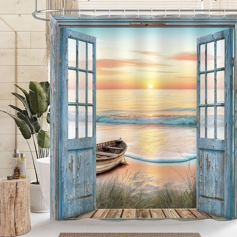 Rideau de Douche de Plage Ocean Coastline, Rideau de Bain Rétro à Porte en Bois Lever et Coucher de Soleil 180x180cm, Tissu Résistant Moisissures Imperméable avec 12 Crochets (1/5)
