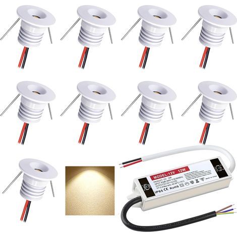 Set of 9 Recessed LED Spotlights, 12V 1W IP65 Aluminum, 16mm Hole for Kitchen, Staircase, Cupboard (1/5)