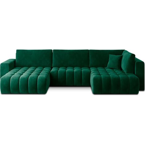 Sofá de esquina BONITA convertible 6 plazas verde oscuro efecto terciopelo – izquierda – 350x175cm (1/3)