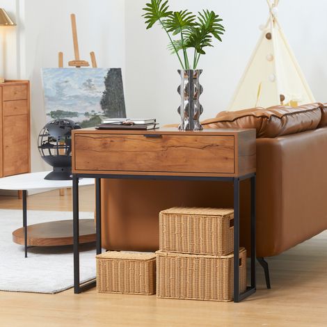 Console d’entrée avec tiroir en bois clair et métal noir, meuble d’appoint gain de place pour salon, couloir ou chambre, style industriel – CHICFURN (1/5)