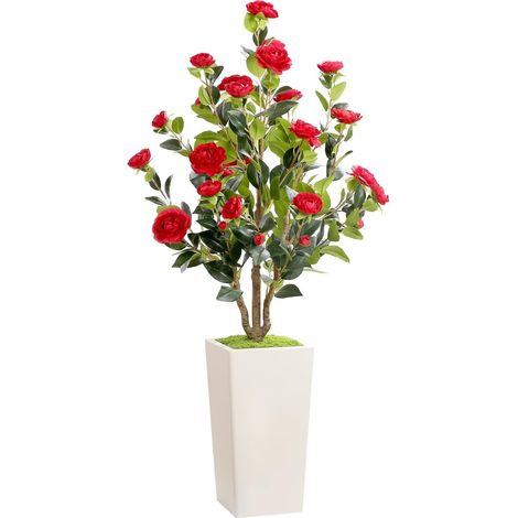 Camélia artificiel 120 cm, avec fleurs et feuilles en pot, matériau PE, décoration comme une vraie décoration pour salon, bureau, jardin, entrée - Rouge (1/5)