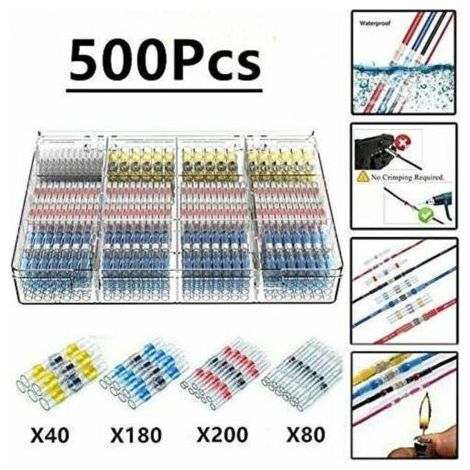 500Pcs Cosses Electriques Souder Gaine Thermorétractable,Thermorétractables Souder Bout À Bout Seal Connecteurs Electriques Isolés Etanche Marine Marine Automobile Cuivre (1/5)