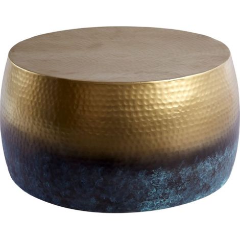 Tavolino basso TRIANE 60 cm in alluminio dorato e blu – Tavolino basso rotondo design effetto martellato
