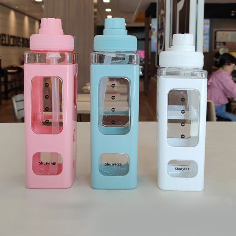 Gourde à paille avec marqueur, grande capacité (700 ml), double paroi, rose, idéale pour la maison, la salle de sport ou l'école. (1/5)