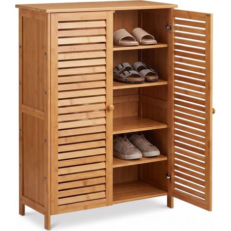 Relaxdays zapatero bambú, 5 compart., 15 pares, 87,5×66×33 cm, armario baño, mueble auxiliar, natural (1/5)