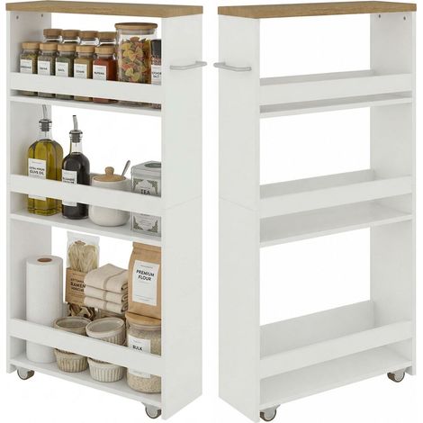 Chariot de Rangement Étroit Blanc Chêne 40×14×80cm Lot de 2 Les barrières des deux côtés gardent les objets en place tandis que quatre roulettes facilitent le déplacement et le montage (1/5)