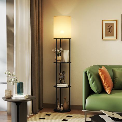 Stehlampe mit Ablagen, 3 Farbtemperaturen, Fernbedienung für Wohnzimmer, Schlafzimmer, Büro, Schwarz