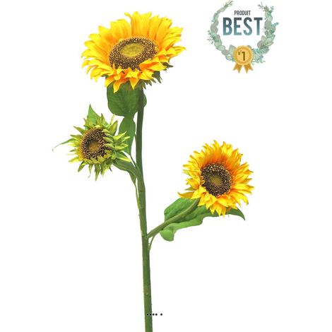 Tournesol artificiel en branche, 2 fleurs, un bouton, H 85 cm - BEST