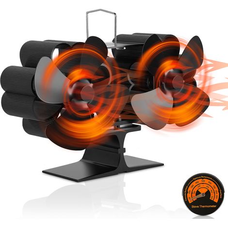 Wolketon Ventilador para estufa de doble cabezal, 8 aspas y 2 motores, alimentado por calor, con termómetro para estufas de leña (1/5)