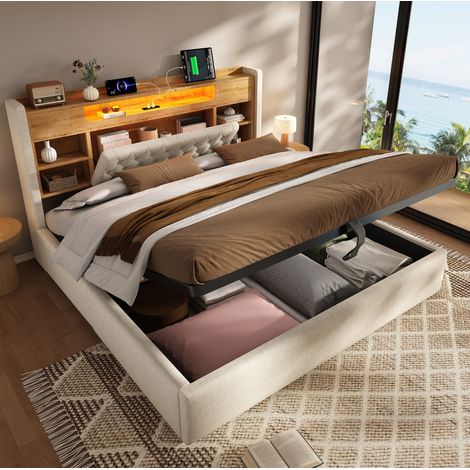 Lit coffre 160x200 cm avec LED, USB et USB-C, rangement hydraulique, tête de lit avec étagères, lin beige (1/5)
