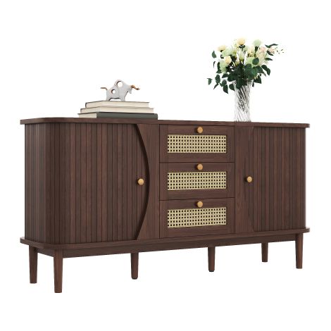 Credenza, cassettiera in rattan, cassettiera con ante scorrevoli, ripiani regolabili e piano arrotondato. (1/5)