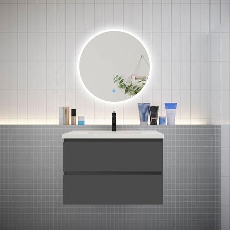 Ensemble meuble vasque L.79cm 2 tiroirs + lavabo + LED miroir rond 70cm,anthracite